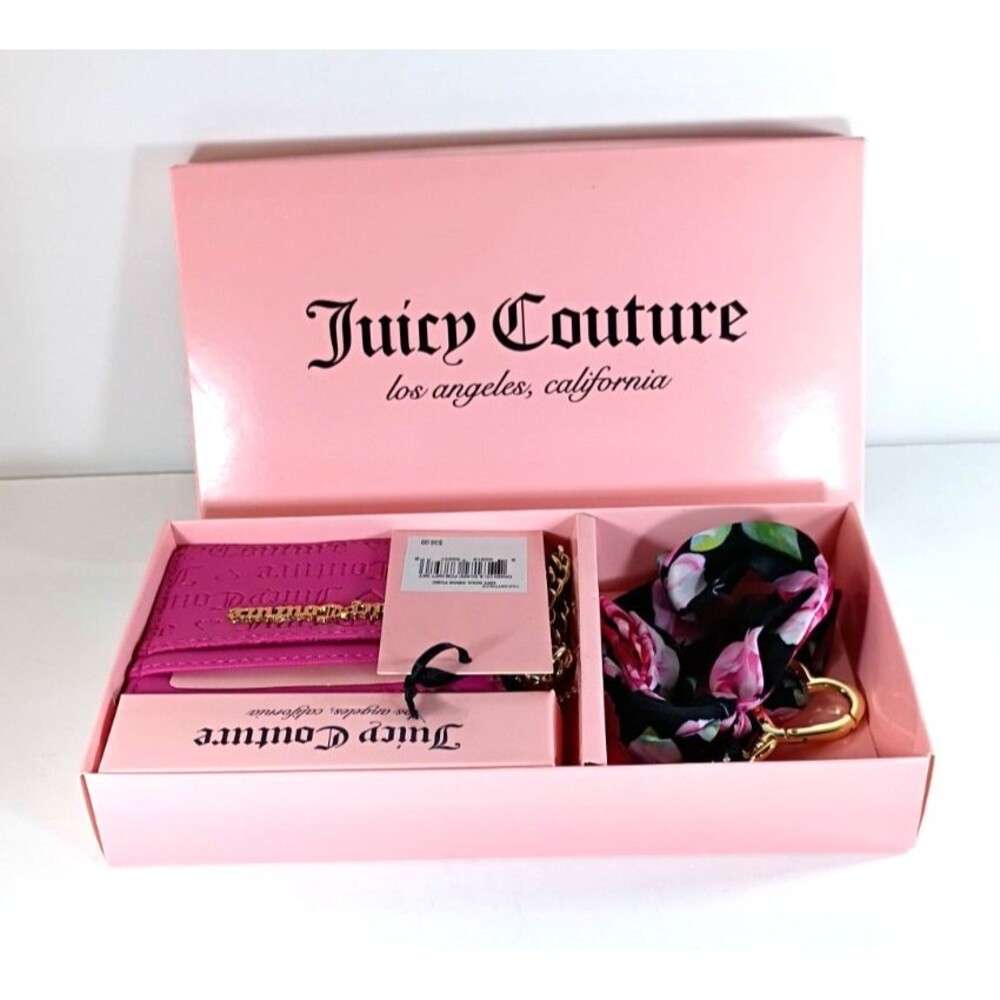 NWT Juicy Couture Hot Pink Card Wallet Key Chain & Scarf Gift Set Open Box - Picture 9 of 16